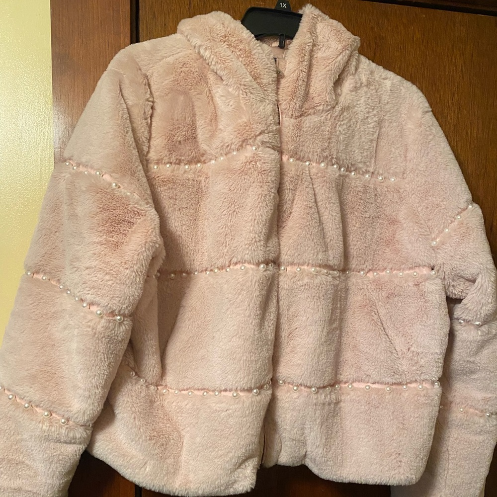 Ashley Stewart Faux Fir Coat with Pearl Accents and Hood - Pink. Size 18/20